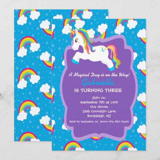 Uitnodiging voor Birthday Bright Rainbow Unicorn (Voorkant / Achterkant)