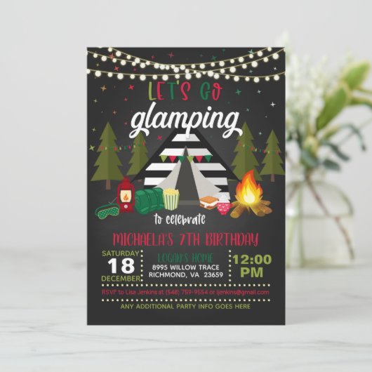 Uitnodiging voor Birthday Glamping - Kerstmis (Staand voorkant)