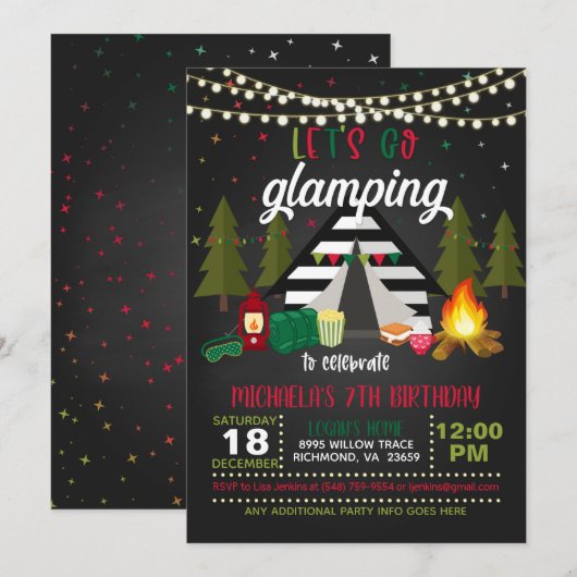 Uitnodiging voor Birthday Glamping - Kerstmis (Voorkant / Achterkant)