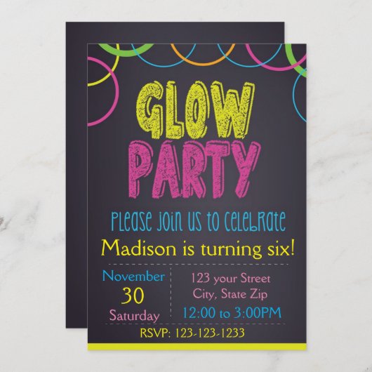 Uitnodiging voor Birthday Glow Party Chalkboard (Voorkant / Achterkant)