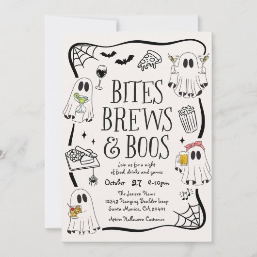 Uitnodiging voor Bites, Brews en Boos Halloweenfee (Voorkant)