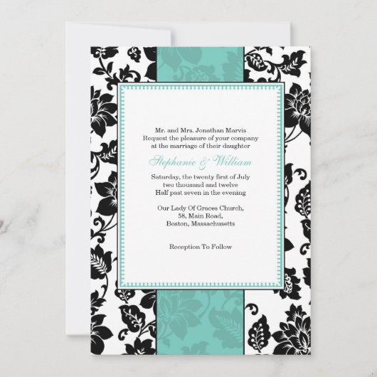 Uitnodiging voor Black and Aqua Damask Wedding (Voorkant)