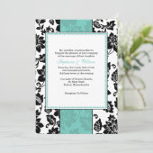 Uitnodiging voor Black and Aqua Damask Wedding (Staand voorkant)