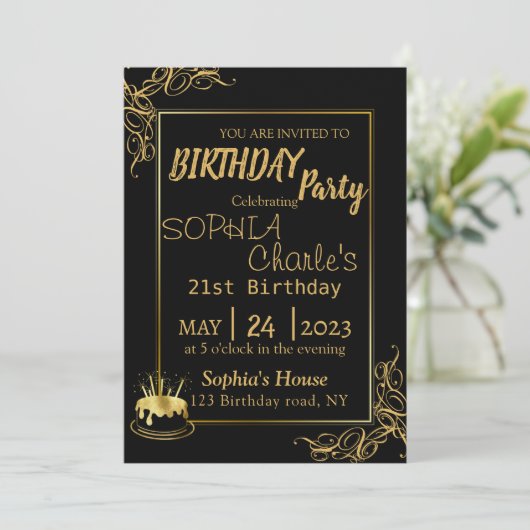 Uitnodiging voor Black and Gold Birthday (Staand voorkant)
