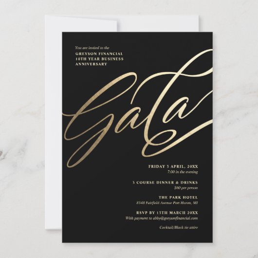 Uitnodiging voor Black and Gold Gala (Voorkant)