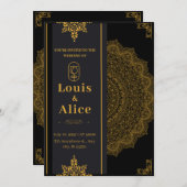 Uitnodiging voor Black and Gold Luxury Wedding (Voorkant / Achterkant)