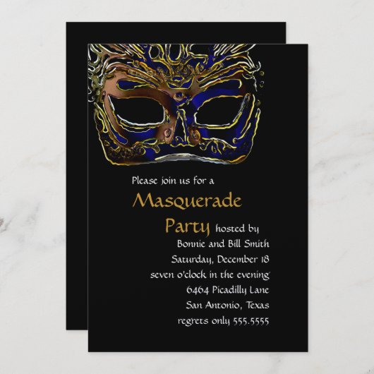 Uitnodiging voor Black and Gold Masquerade Party (Voorkant / Achterkant)
