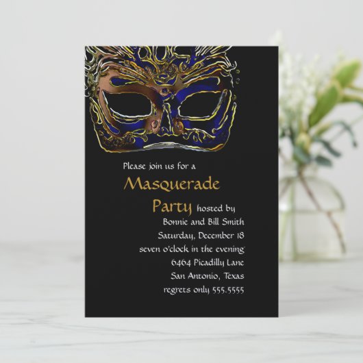 Uitnodiging voor Black and Gold Masquerade Party (Staand voorkant)