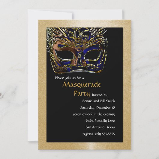 Uitnodiging voor Black and Gold Masquerade Party (Voorkant)