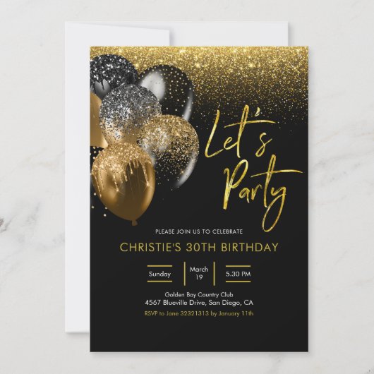 Uitnodiging voor Black and Gold Sparking Let's Par (Voorkant)