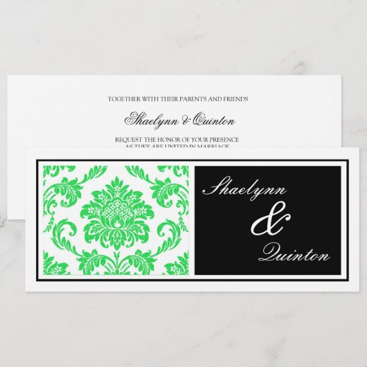 Uitnodiging voor Black and Green Damask Wedding (Voorkant / Achterkant)