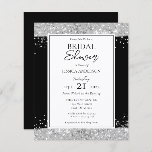 Uitnodiging voor Black and Silver Glitter Bridal S (Voorkant / Achterkant)