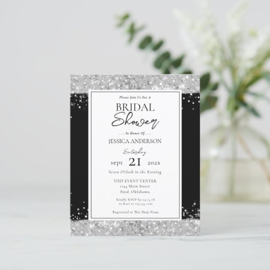 Uitnodiging voor Black and Silver Glitter Bridal S (Staand voorkant)