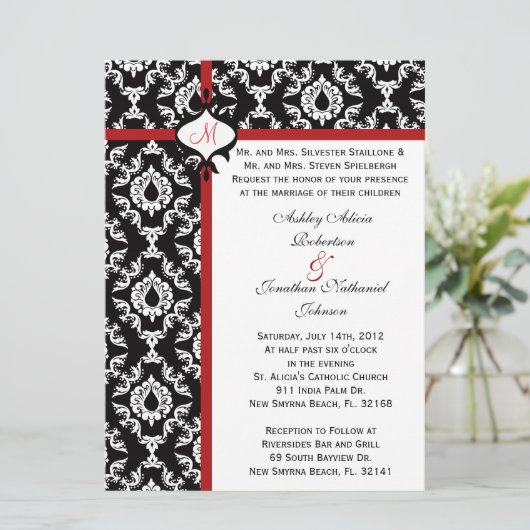 Uitnodiging voor Black and White Damask bruiloft (Staand voorkant)