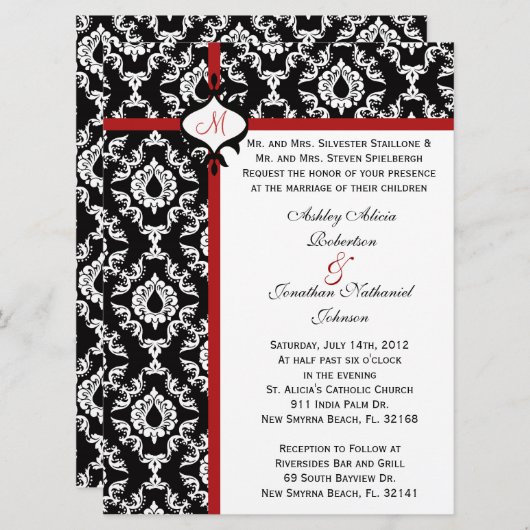 Uitnodiging voor Black and White Damask bruiloft (Voorkant / Achterkant)