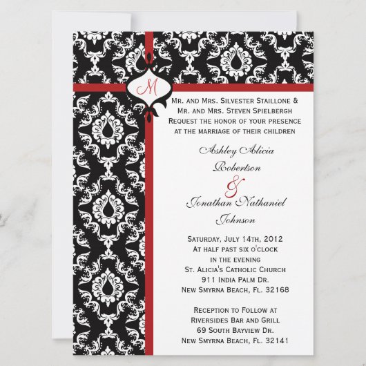 Uitnodiging voor Black and White Damask bruiloft (Voorkant)