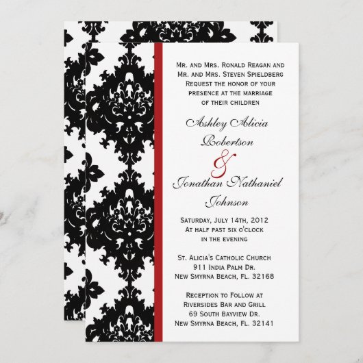 Uitnodiging voor Black and White Damask bruiloft (Voorkant / Achterkant)