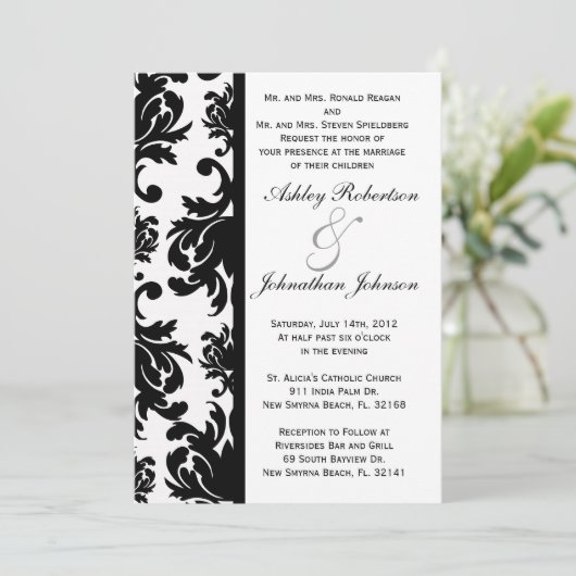 Uitnodiging voor Black and White Damask bruiloft (Staand voorkant)