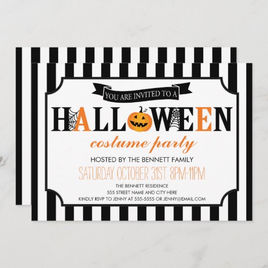 Uitnodiging voor Black and White Halloween Party (Voorkant / Achterkant)