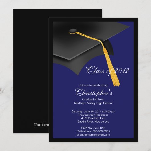 Uitnodiging voor Black Blue Afstudeerder Pet Gradu (Voorkant / Achterkant)