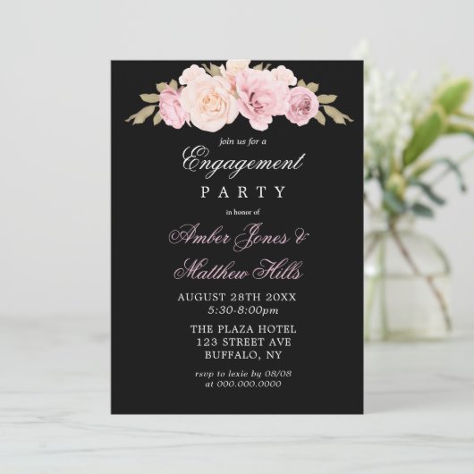 Uitnodiging voor Black Blush Roses Engagement Part (Staand voorkant)