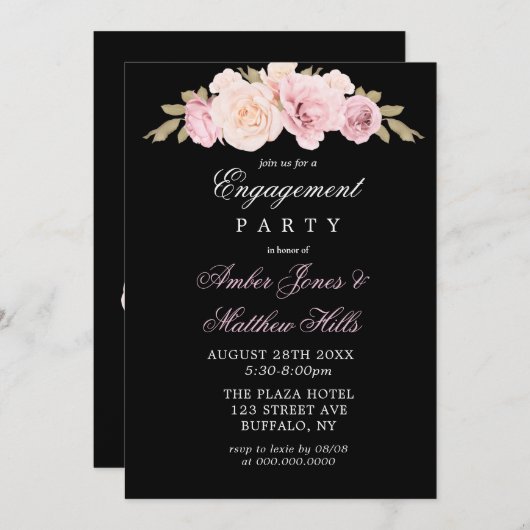 Uitnodiging voor Black Blush Roses Engagement Part (Voorkant / Achterkant)