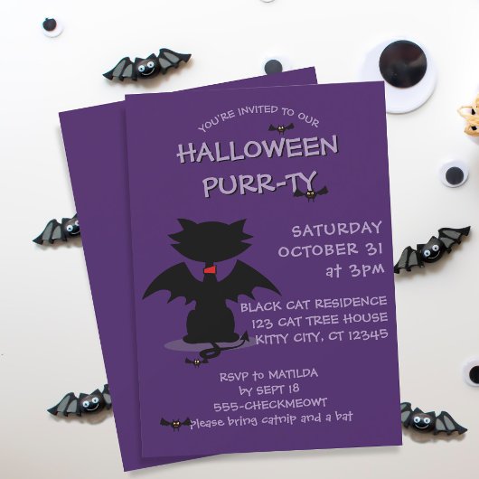 Uitnodiging voor Black Cat Bat Paars Halloween Par