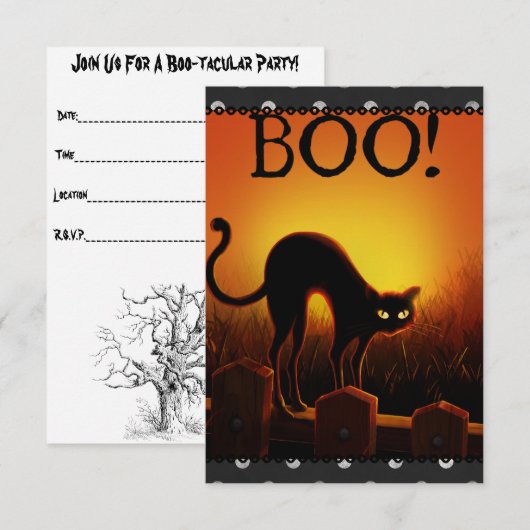 Uitnodiging voor Black Cat Halloween Party (Voorkant / Achterkant)