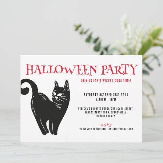 Uitnodiging voor Black Cat Halloween Party (Staand voorkant)