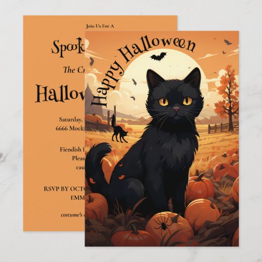 Uitnodiging voor Black Cat Halloween Party (Voorkant / Achterkant)