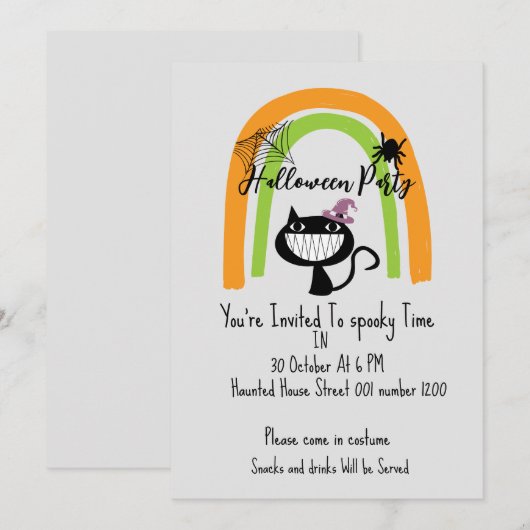 Uitnodiging voor Black Cat Kinder Costume Hallowee (Voorkant / Achterkant)