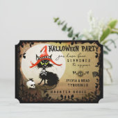 Uitnodiging voor Black Cat & Moon Halloween Party (Staand voorkant)