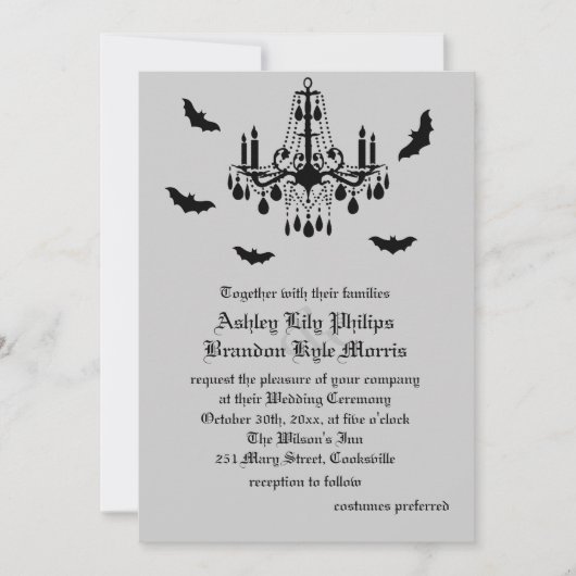 Uitnodiging voor Black Chandelier en Damask Weddin (Voorkant)