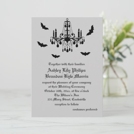 Uitnodiging voor Black Chandelier en Damask Weddin (Staand voorkant)