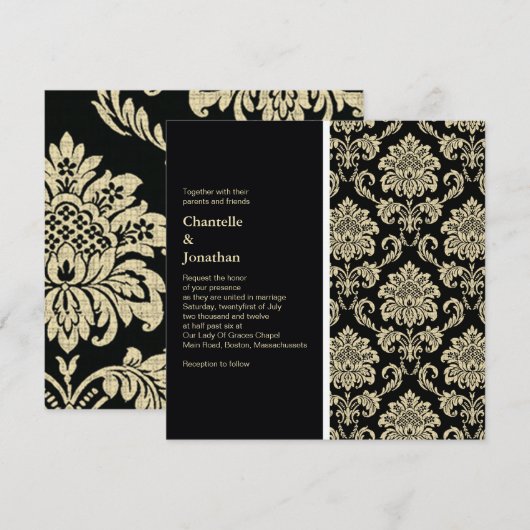 Uitnodiging voor Black Damask Wedding (Voorkant / Achterkant)
