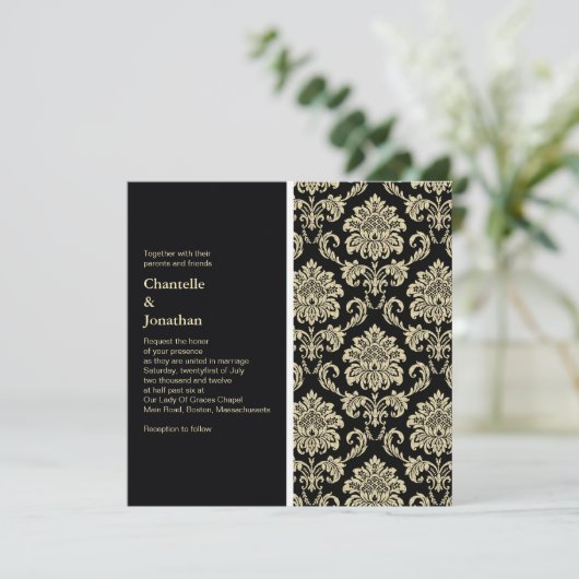 Uitnodiging voor Black Damask Wedding (Staand voorkant)