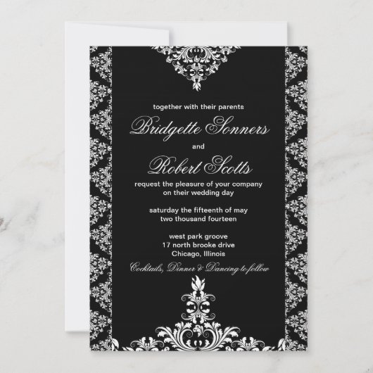  uitnodiging voor Black Damask Wedding (Voorkant)