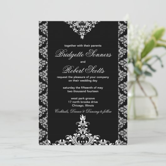 uitnodiging voor Black Damask Wedding (Staand voorkant)