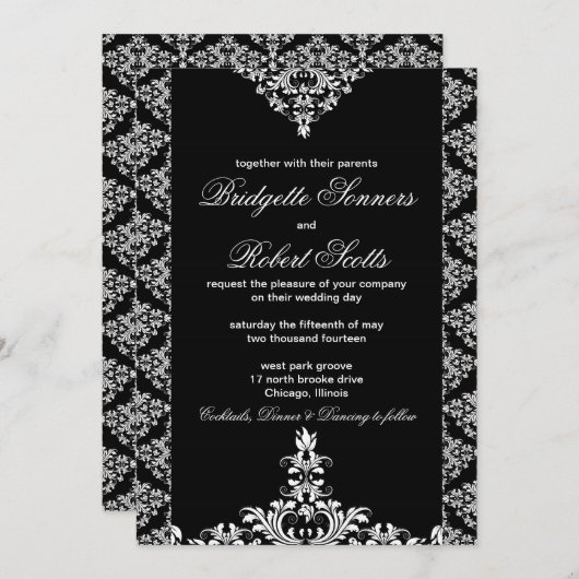  uitnodiging voor Black Damask Wedding (Voorkant / Achterkant)