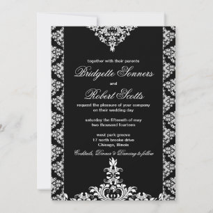  uitnodiging voor Black Damask Wedding