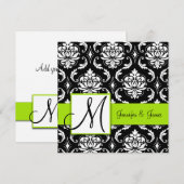 Uitnodiging voor Black Damask Wedding | Lime Green (Voorkant / Achterkant)