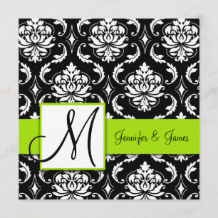 Uitnodiging voor Black Damask Wedding   Lime Green