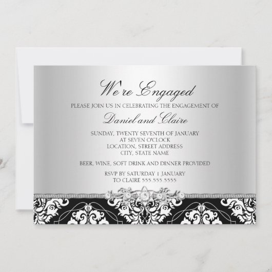 Uitnodiging voor Black Elegant Damask Engagement P (Voorkant)