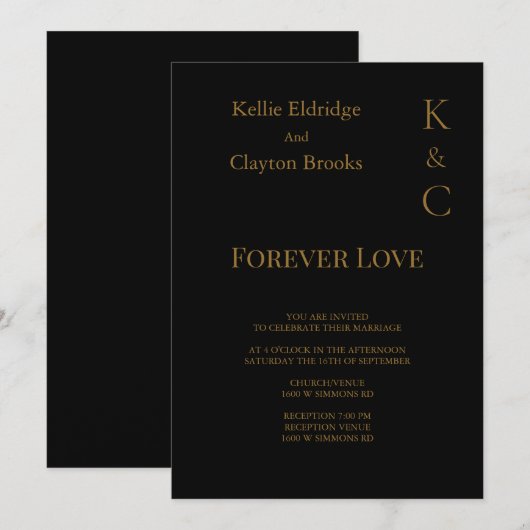 Uitnodiging voor Black Forever Love Wedding (Voorkant / Achterkant)