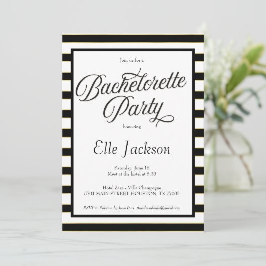 Uitnodiging voor Black + Gold Bachelorette (Staand voorkant)