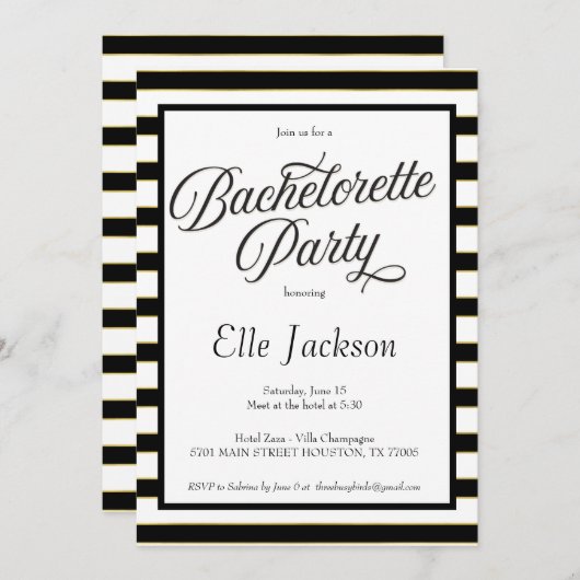 Uitnodiging voor Black + Gold Bachelorette (Voorkant / Achterkant)