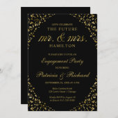 Uitnodiging voor Black Gold Confetti Engagement Pa (Voorkant / Achterkant)