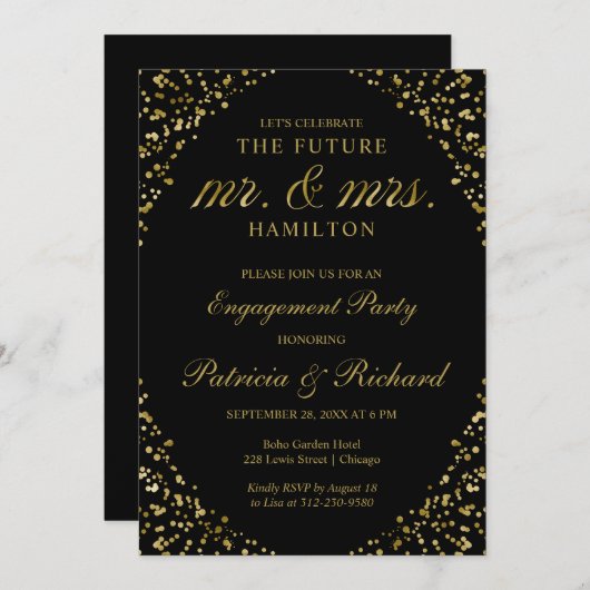 Uitnodiging voor Black Gold Confetti Engagement Pa (Voorkant / Achterkant)