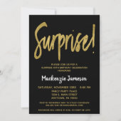 Uitnodiging voor Black Gold Script Surprise Party (Voorkant)