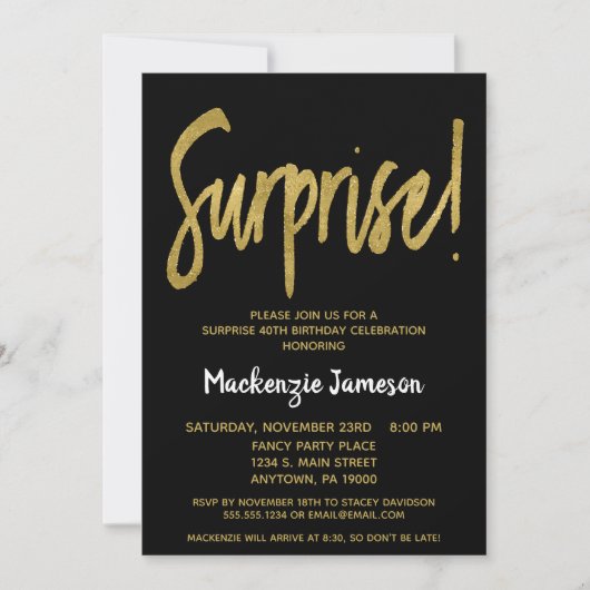 Uitnodiging voor Black Gold Script Surprise Party (Voorkant)